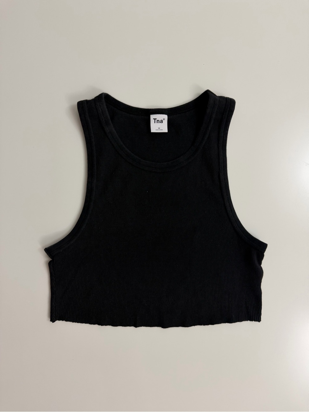 TNA Aritzia Ribbed Round Neck Cropped Tank Top, Black, Size M